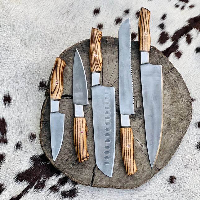 5 Piece Custom Handmade Acid Washed Stainless Steel Kitchen Knives Set with Leather Roll and Burly Wenge Wood Handles" by KBS Knives Store