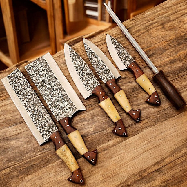 Custom Kitchen Knives Set - Engraved Steel Blades & Leather Roll