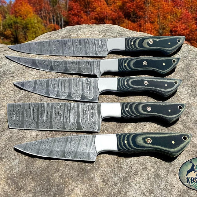 5 Pcs Custom Handmade Damascus Steel Knife Set with G10 Handles and Steel Bolsters
