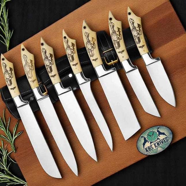 Legacy Bone Series – 7-Piece Stainless Knife Set with Engraved Bone Handles & Steel Bolsters