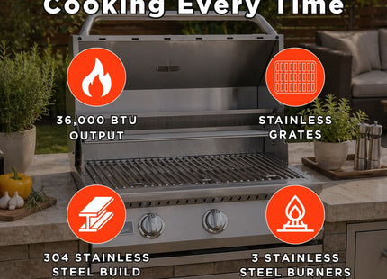 KoKoMo Grills 26" Premium 36K BTU LP/NG 3 Burner Built-In Stainless Steel Gas Grill (SAK82173) SAKSBY WHOLESALE