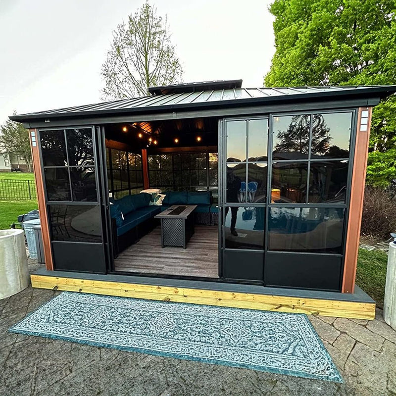 [12X14FT] Large Heavy-Duty Outdoor Aluminum Patio Hard Double Steel Top Backyard Sun Room Gazebo (94625371)