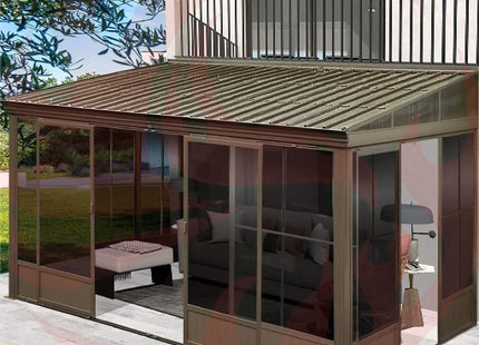 [12X14FT] Large Outdoor All-Season Wall Mounted Sunroom Solarium With Galvanized Steel Roof & Moveable PVC Screen (SAK46475) SAKSBY WHOLESALE
