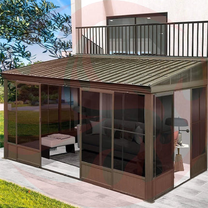 [12X14FT] Large Outdoor All-Season Wall Mounted Sunroom Solarium With Galvanized Steel Roof & Moveable PVC Screen (SAK46475) SAKSBY WHOLESALE