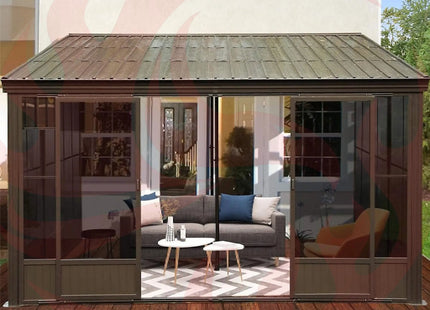 [12X14FT] Large Outdoor All-Season Wall Mounted Sunroom Solarium With Galvanized Steel Roof & Moveable PVC Screen (SAK46475) SAKSBY WHOLESALE