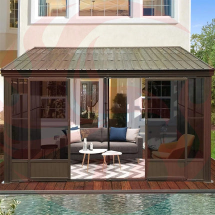 [12X14FT] Large Outdoor All-Season Wall Mounted Sunroom Solarium With Galvanized Steel Roof & Moveable PVC Screen (SAK46475) SAKSBY WHOLESALE