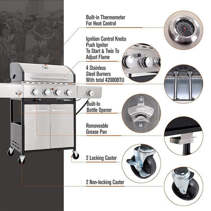 Large Outdoor BBQ Stainless Steel Propane Gas Grill With 4 Burners, 42K BTU (93564712)