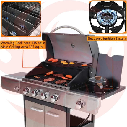 Large Outdoor 42K BTU BBQ Stainless Steel Propane Gas Grill With 4 Burners (SAK61283) - Phoenix Fire Art Store