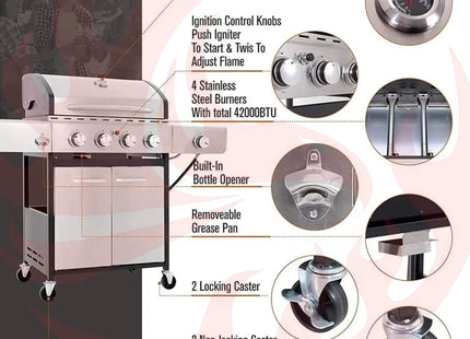 Large Outdoor 42K BTU BBQ Stainless Steel Propane Gas Grill With 4 Burners (SAK61283) - Phoenix Fire Art Store