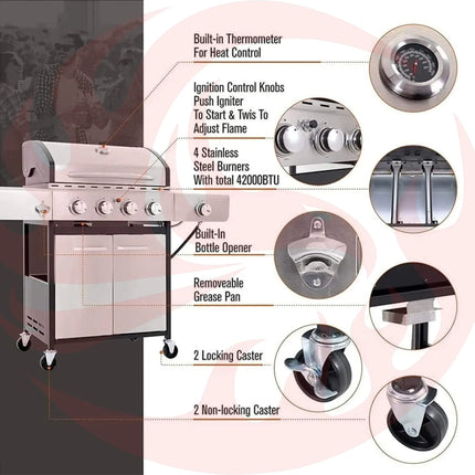 Large Outdoor 42K BTU BBQ Stainless Steel Propane Gas Grill With 4 Burners (SAK61283) - Phoenix Fire Art Store
