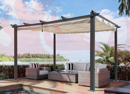 [10X13FT] Large Outdoor Patio Pergola With Canopy & Retractable Sun Shades, Beige (SAK51842) - Phoenix Fire Art Store