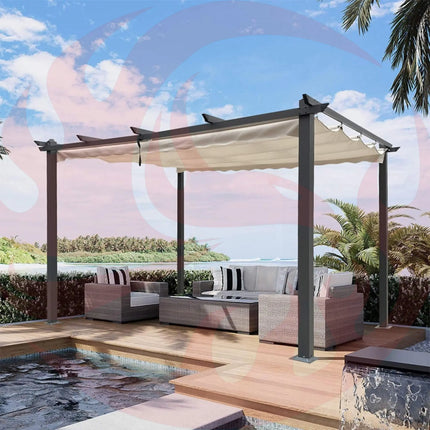 [10X13FT] Large Outdoor Patio Pergola With Canopy & Retractable Sun Shades, Beige (SAK51842) - Phoenix Fire Art Store