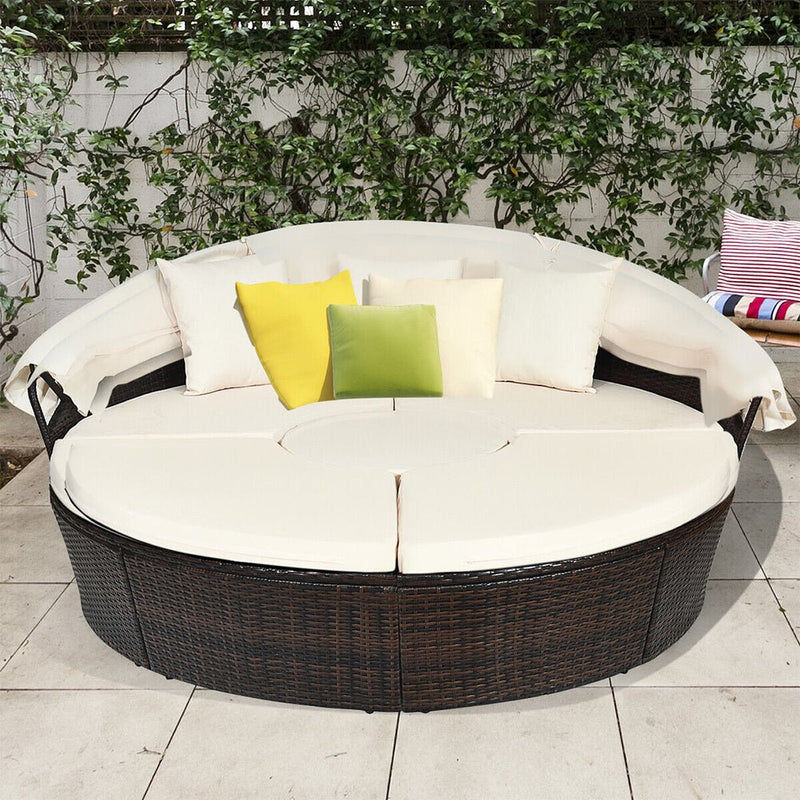 Alora Large Outdoor Patio Rattan Daybed Sofa W/ Adjustable Table Top, Canopy & 3 Pillows, 76" (SAK91254)