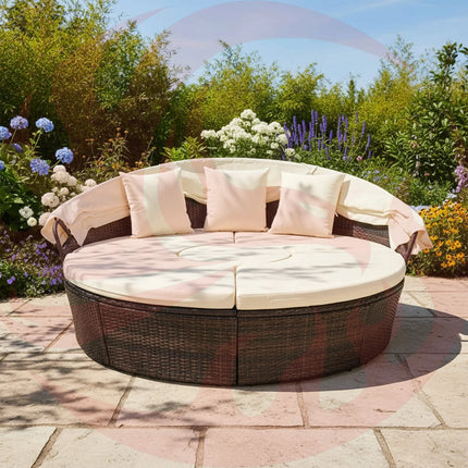 Alora Large Outdoor Patio Rattan Daybed Sofa W/ Adjustable Table Top, Canopy & 3 Pillows, 76" (SAK91254) SAKSBY WHOLESALE