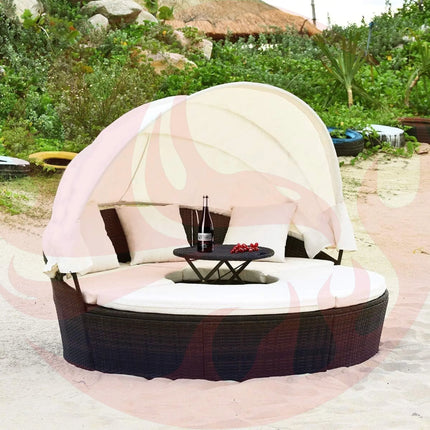 Alora Large Outdoor Patio Rattan Daybed Sofa W/ Adjustable Table Top, Canopy & 3 Pillows, 76" (SAK91254) SAKSBY WHOLESALE