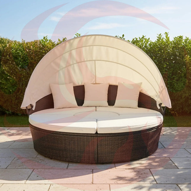 Alora Large Outdoor Patio Rattan Daybed Sofa W/ Adjustable Table Top, Canopy & 3 Pillows, 76" (SAK91254) SAKSBY WHOLESALE
