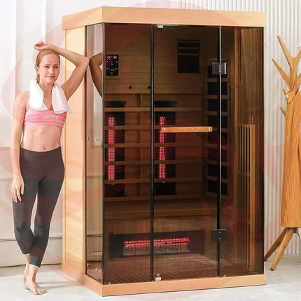 Thermora Luxury 2-Person Low EMF FAR Infrared Heat Wood Home Personal Spa Sauna W/ Panoramic Tempered Glass, 2000W (SAK27481) - Phoenix Fire Art Store