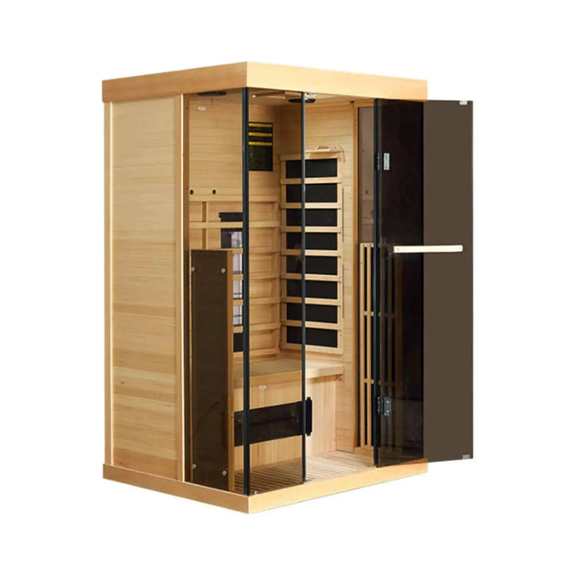 Thermora Luxury 2-Person Low EMF FAR Infrared Heat Wood Home Personal Spa Sauna W/ Panoramic Tempered Glass, 2000W (SAK27481) - Phoenix Fire Art Store
