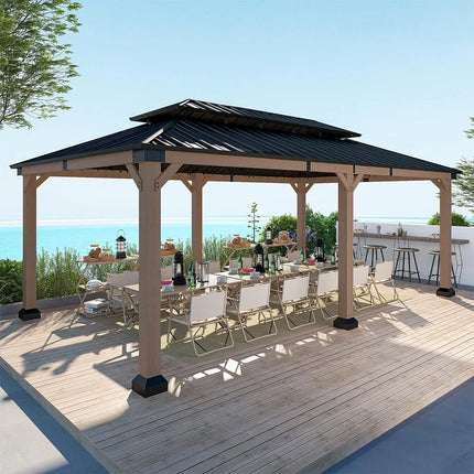 [12X20FT] Alora Heavy-Duty Backyard Cedar Wood Steel Hardtop Double Roof Gazebo Canopy (95726813) - Phoenix Fire Art Store