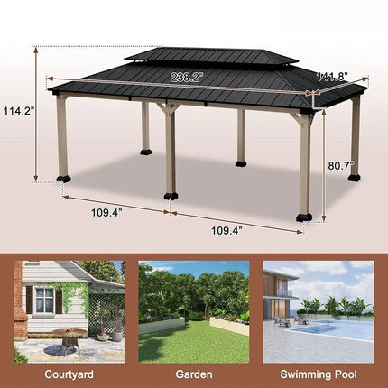 [12X20FT] Alora Heavy-Duty Backyard Cedar Wood Steel Hardtop Double Roof Gazebo Canopy (95726813) - Phoenix Fire Art Store