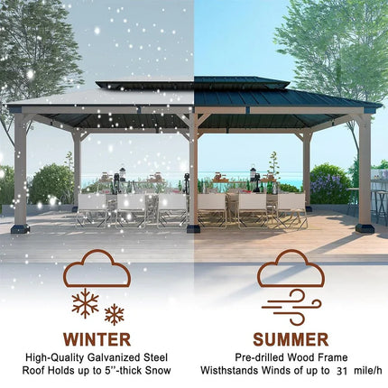 [12X20FT] Alora Heavy-Duty Backyard Cedar Wood Steel Hardtop Double Roof Gazebo Canopy (95726813) - Phoenix Fire Art Store