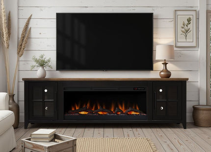 Nuvia 83-Inch Bourbon Black TV Stand With Fireplace And Glass Windowpane Doors (SAK40281) SAKSBY WHOLESALE