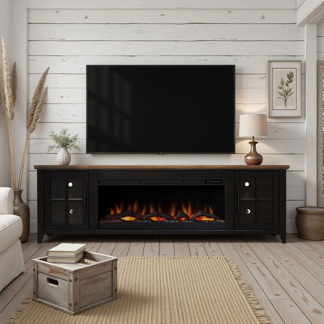 Nuvia 83-Inch Bourbon Black TV Stand With Fireplace And Glass Windowpane Doors (SAK40281) SAKSBY WHOLESALE