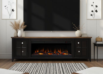 Nuvia 83-Inch Bourbon Black TV Stand With Fireplace And Glass Windowpane Doors (SAK40281) SAKSBY WHOLESALE