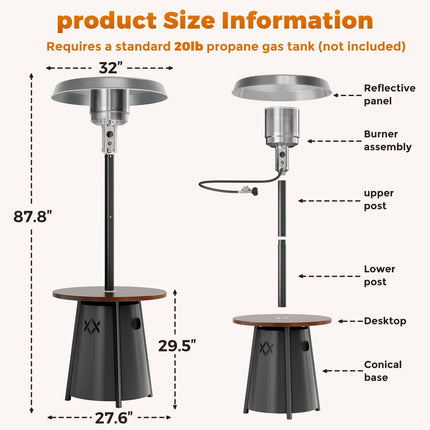 Pamapic 50,000 BTU Patio Propane Heater with 27.6" Round Table Design for Porch, Garden, Residential & Commercial Use