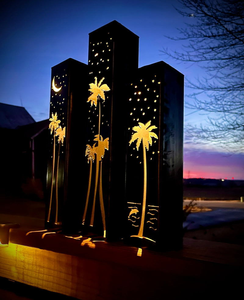 Palm Trees Under the Stars Luminary Pillars w/ Solar Cap