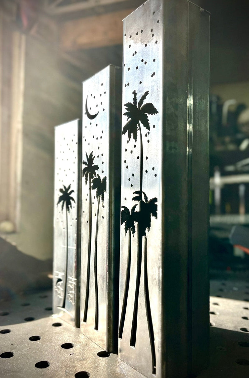 Palm Trees Under the Stars Luminary Pillars w/ Solar Cap