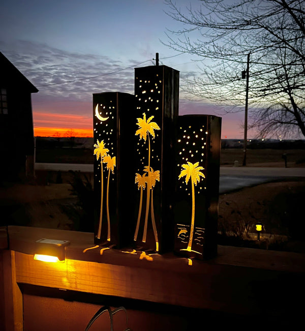 Palm Trees Under the Stars Luminary Pillars w/ Solar Cap