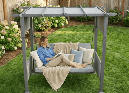Pamapic 3-Seat Outdoor Metal Pergola Porch Swing Bed with Stand & Cushion, Gray Pamapic