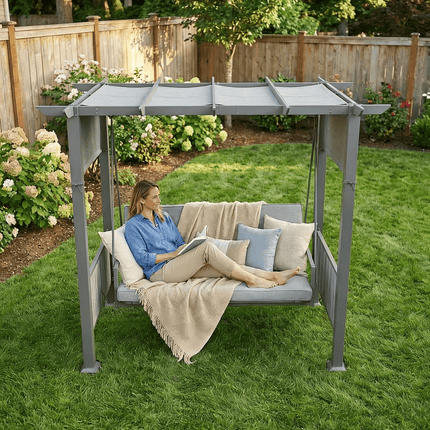 Pamapic 3-Seat Outdoor Metal Pergola Porch Swing Bed with Stand & Cushion, Gray Pamapic