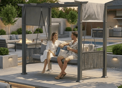 Pamapic 3-Seat Outdoor Metal Pergola Porch Swing Bed with Stand & Cushion, Gray Pamapic