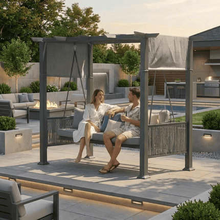 Pamapic 3-Seat Outdoor Metal Pergola Porch Swing Bed with Stand & Cushion, Gray Pamapic