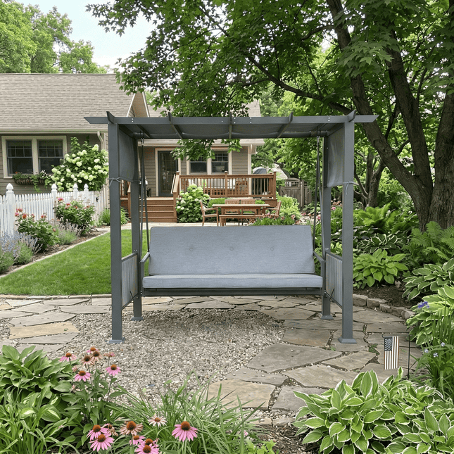 Pamapic 3-Seat Outdoor Metal Pergola Porch Swing Bed with Stand & Cushion, Gray Pamapic