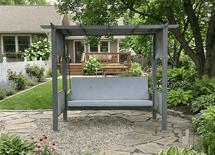 Pamapic 3-Seat Outdoor Metal Pergola Porch Swing Bed with Stand & Cushion, Gray Pamapic
