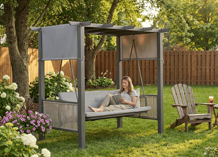 Pamapic 3-Seat Outdoor Metal Pergola Porch Swing Bed with Stand & Cushion, Gray Pamapic