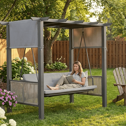 Pamapic 3-Seat Outdoor Metal Pergola Porch Swing Bed with Stand & Cushion, Gray Pamapic