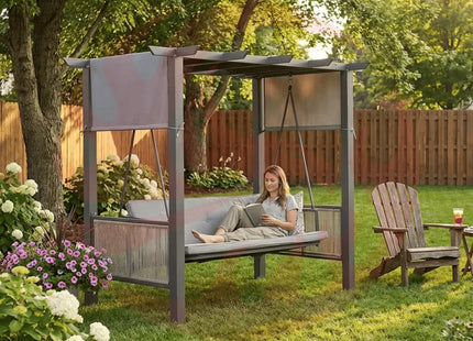 Pamapic 2 in 1 Patio Swing with 7 Pieces HDPE Dining Sets Pamapic