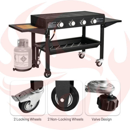 Portable Outdoor 4 Burner Propane Flat Top Gas Grill W/ Wheels, 60K BTU (SAK66104) - Phoenix Fire Art Store