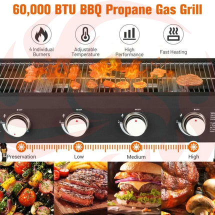 Portable Outdoor 4 Burner Propane Flat Top Gas Grill W/ Wheels, 60K BTU (SAK66104) - Phoenix Fire Art Store