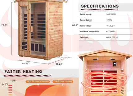 Thermora Premium 2-Person Indoor Outdoor Low EMF FAR-Infrared Hemlock Wood Personal Home Sauna Spa, 1750W (SAK27451) - Phoenix Fire Art Store