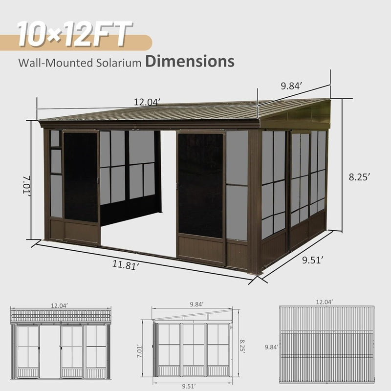 [10x12FT] Alora Premium Against Wall Mounted Solarium Sunroom With Galvanized Steel Sloping Roof (SAK96375)