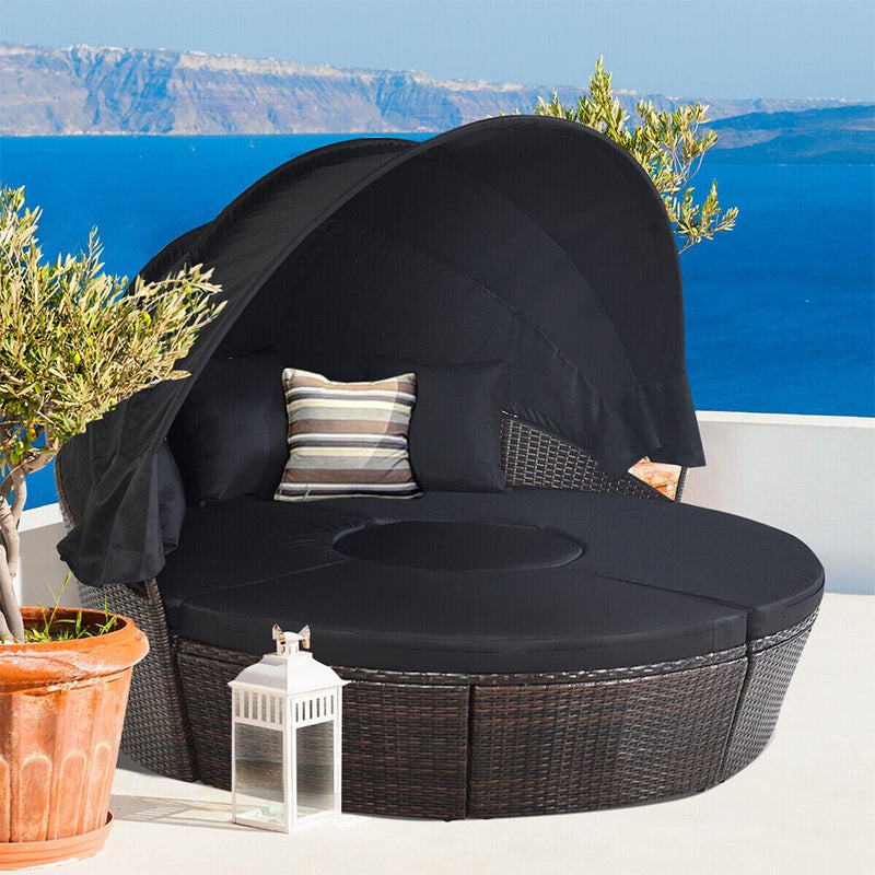Alora Premium Black Outdoor Patio Rattan Daybed Sofa W/ Adjustable Table Top, Canopy & 3 Pillows, 76'' (92534186)