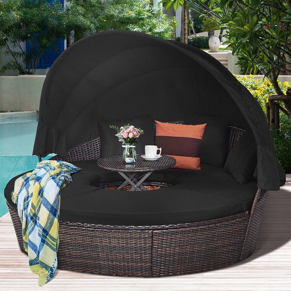 Alora Premium Black Outdoor Patio Rattan Daybed Sofa W/ Adjustable Table Top, Canopy & 3 Pillows, 76'' (92534186)