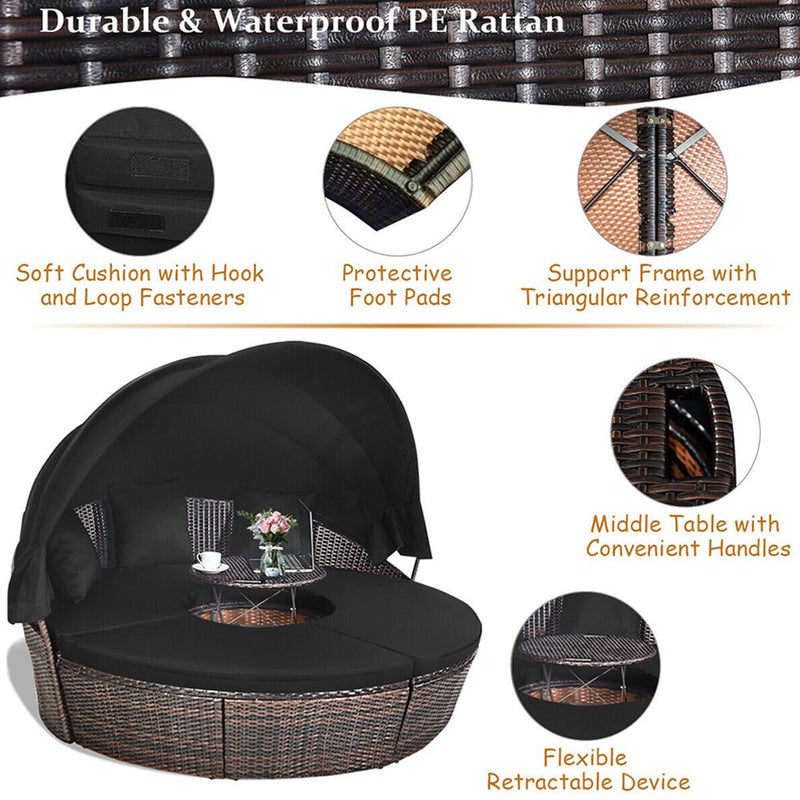 Alora Premium Black Outdoor Patio Rattan Daybed Sofa W/ Adjustable Table Top, Canopy & 3 Pillows, 76'' (92534186)