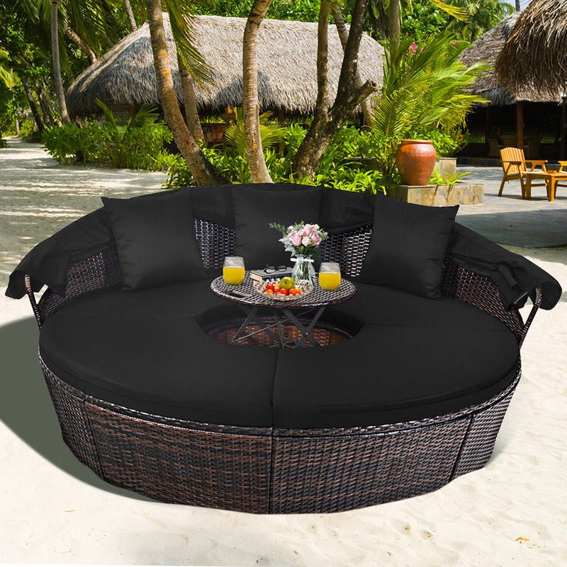 Alora Premium Black Outdoor Patio Rattan Daybed Sofa W/ Adjustable Table Top, Canopy & 3 Pillows, 76'' (92534186)