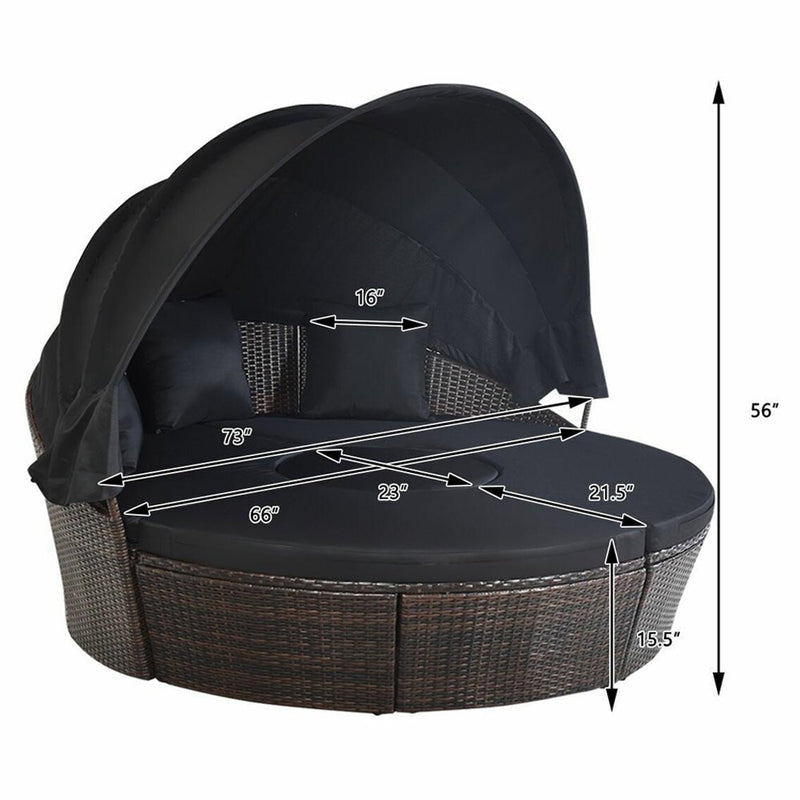 Alora Premium Black Outdoor Patio Rattan Daybed Sofa W/ Adjustable Table Top, Canopy & 3 Pillows, 76'' (92534186)